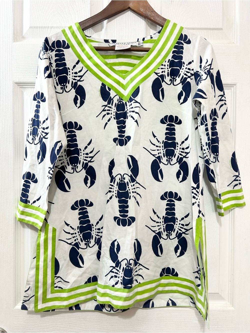 Gretchen Scott Designs Lobster Print Tunic Top V-Neck 3/4 Slv White Navy Lime XS